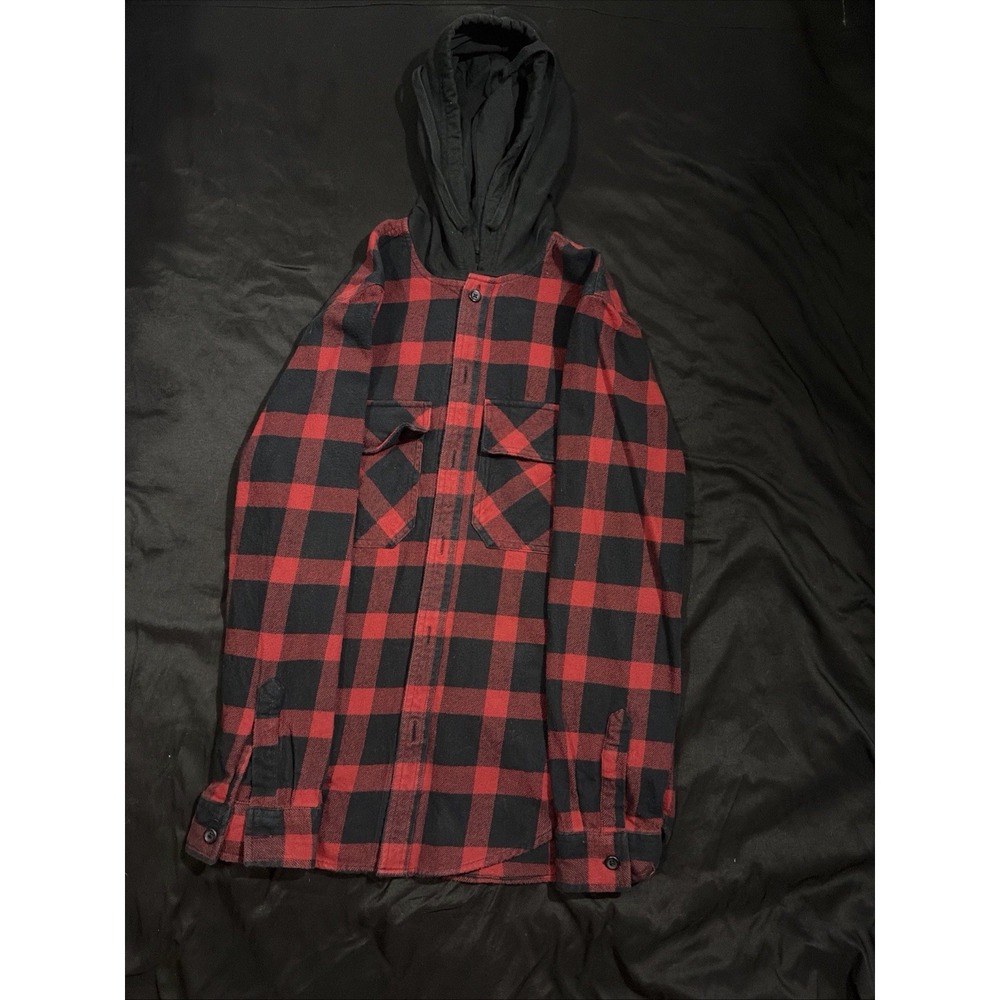 Original Use Mens XS Red Black Buffalo Plaid Hooded Flannel Shirt Button Down